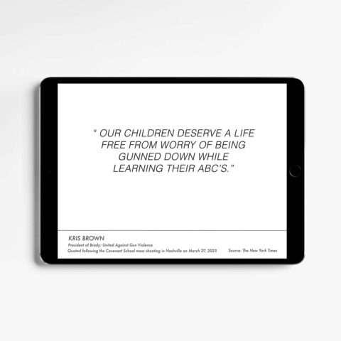 a quotation from a gun violence survivor displayed on a digital tablet