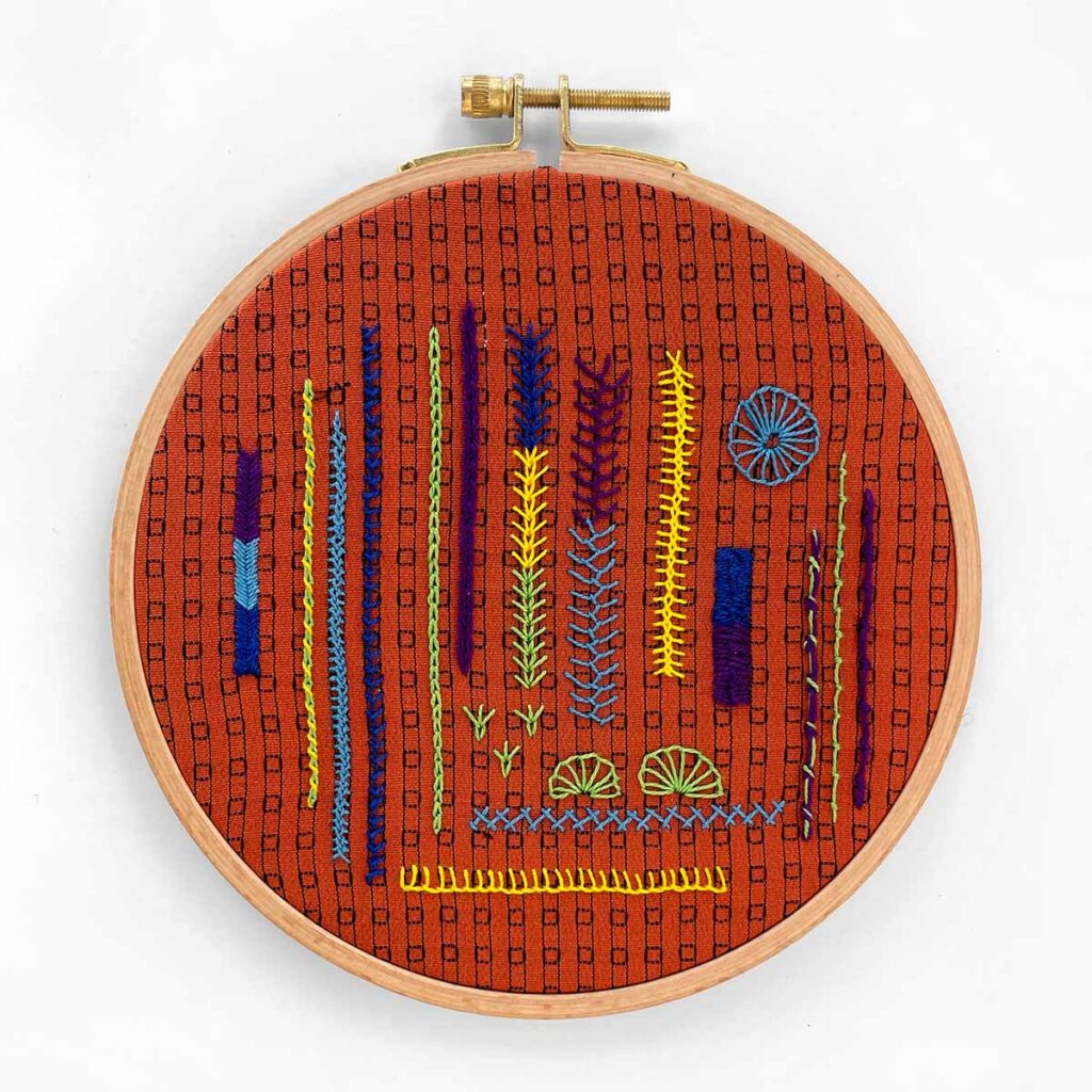 colorful looped stitches embroidery sampler on brick red fabric in a hoop