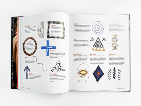 An inside spread of a book showing embroidered examples of a dozen different geometric mystical symbols