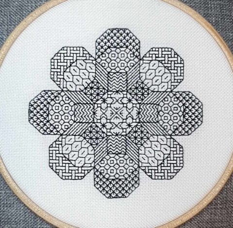 A blackwork embroidery of a flower shape made out of eight octagons filled with various stitch patterns