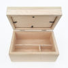 blond wood keepsake box with frame lid propped open to reveal divided interior compartments
