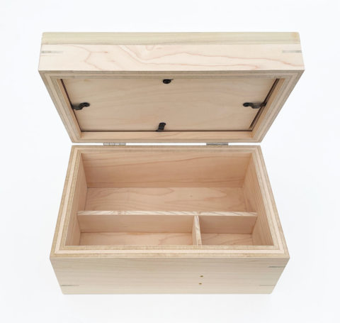 blond wood keepsake box with frame lid propped open to reveal divided interior compartments
