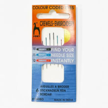 a package of pony color coded eye crewel hand needles sizes 10–12