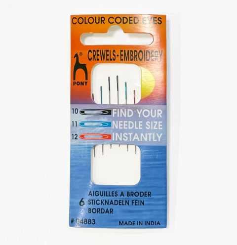 a package of pony color coded eye crewel hand needles sizes 10–12
