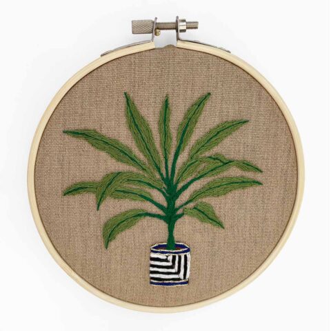 a potted agave house plant in a short black and white striped pot embroidered on undyed canvas
