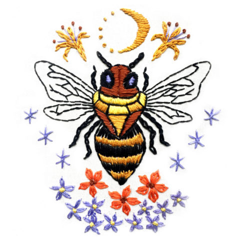 an embroidery on white of a bee with jewel-shaped thorax, surrounded by flowers and celestial symbols