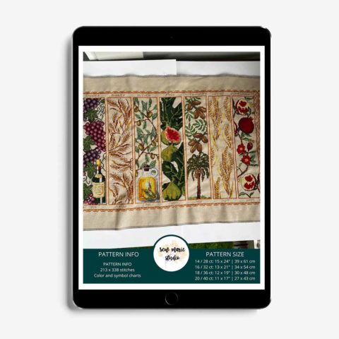 seven species challah cover cross-stitch pattern shown in tablet