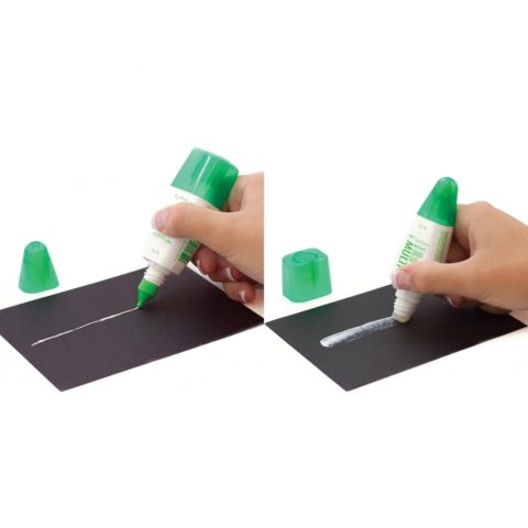 side-by-side image of the same hand applying a thick line vs. a thin line of glue to a black sheet of paper